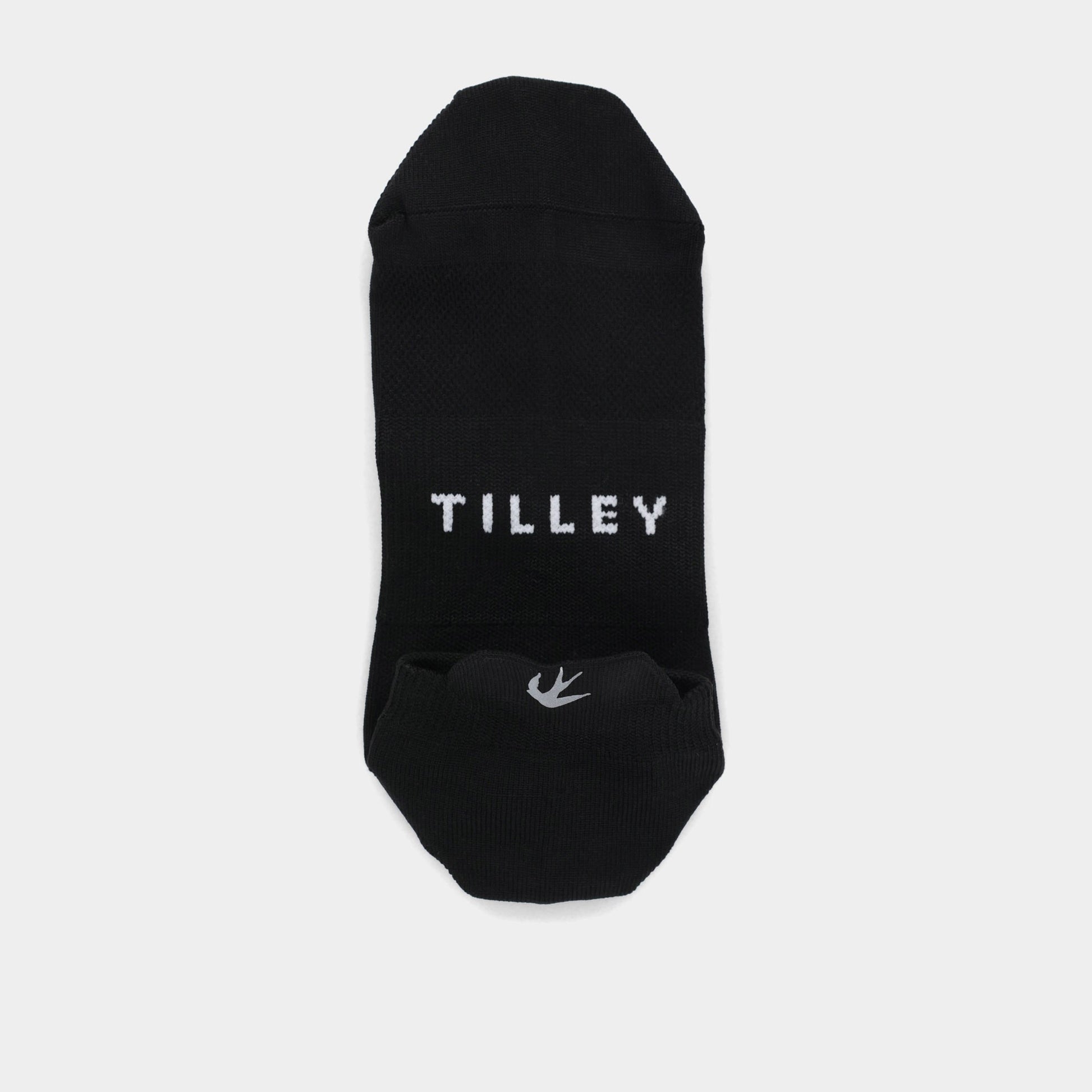 A single black Tilley Tab Travel Sock with moisture wicking, "TILLEY" in white, on a plain background.