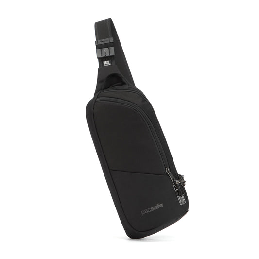 Product Image – Pacsafe® V Anti-theft Sling Pack: Black, single strap, 2 zippered compartments, water repellent.