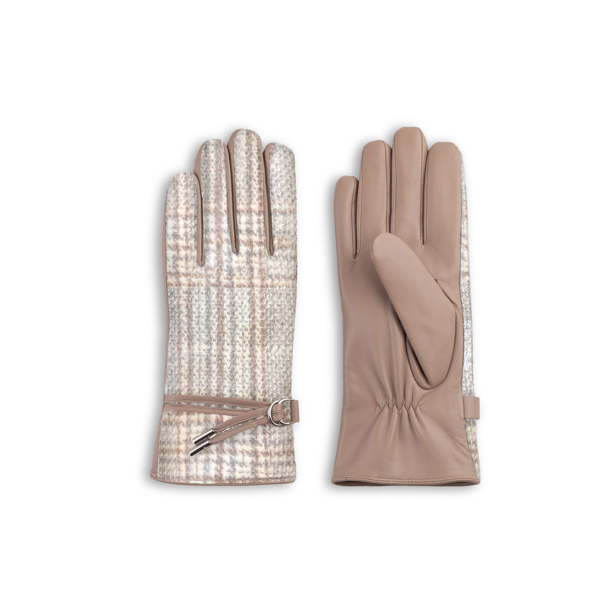 The Brume Waterville Glove features plaid knit, tan leather palm, and buckle—ideal for cold weather.