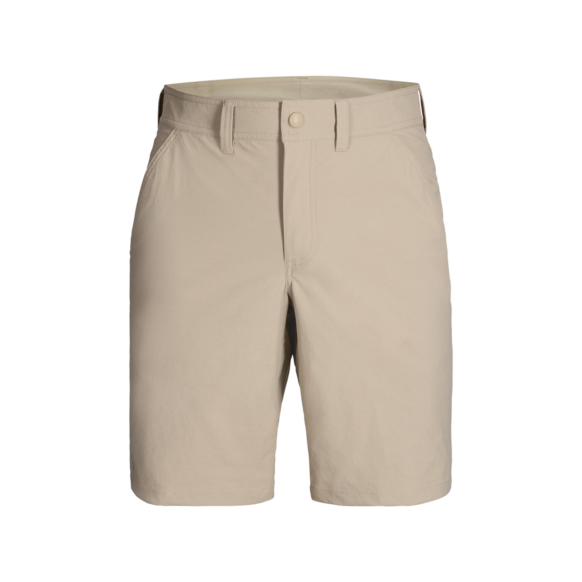 Royal Robbins Men's Wilder Short: beige, knee-length, breathable, with belt loops, button front & side pockets.