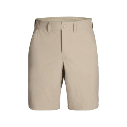 Royal Robbins Men's Wilder Short: beige, knee-length, breathable, with belt loops, button front & side pockets.