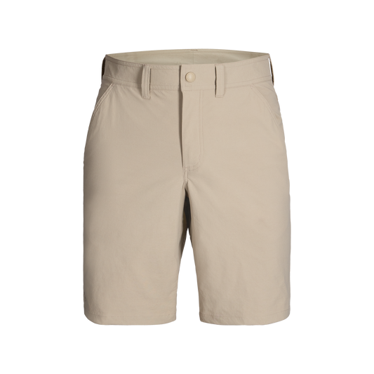 Product Image – Royal Robbins Men's Wilder Short: beige, knee-length, breathable, with belt loops, button front & side pockets.