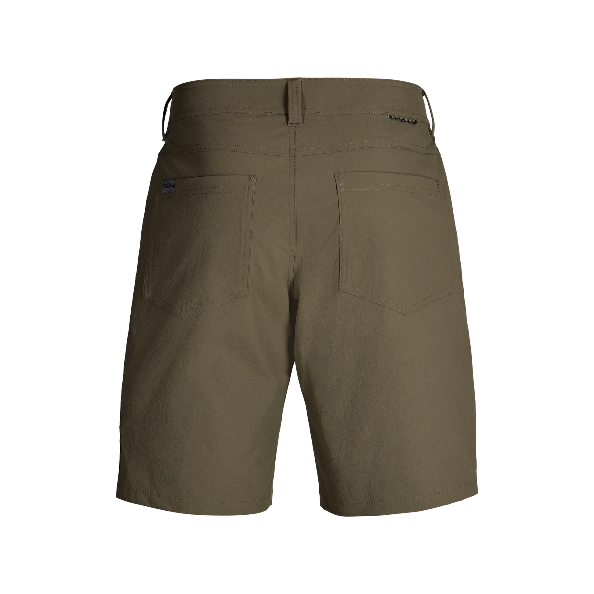 Back view of Royal Robbins Men's Wilder Short in olive green with rear pockets and belt loops, on white background.