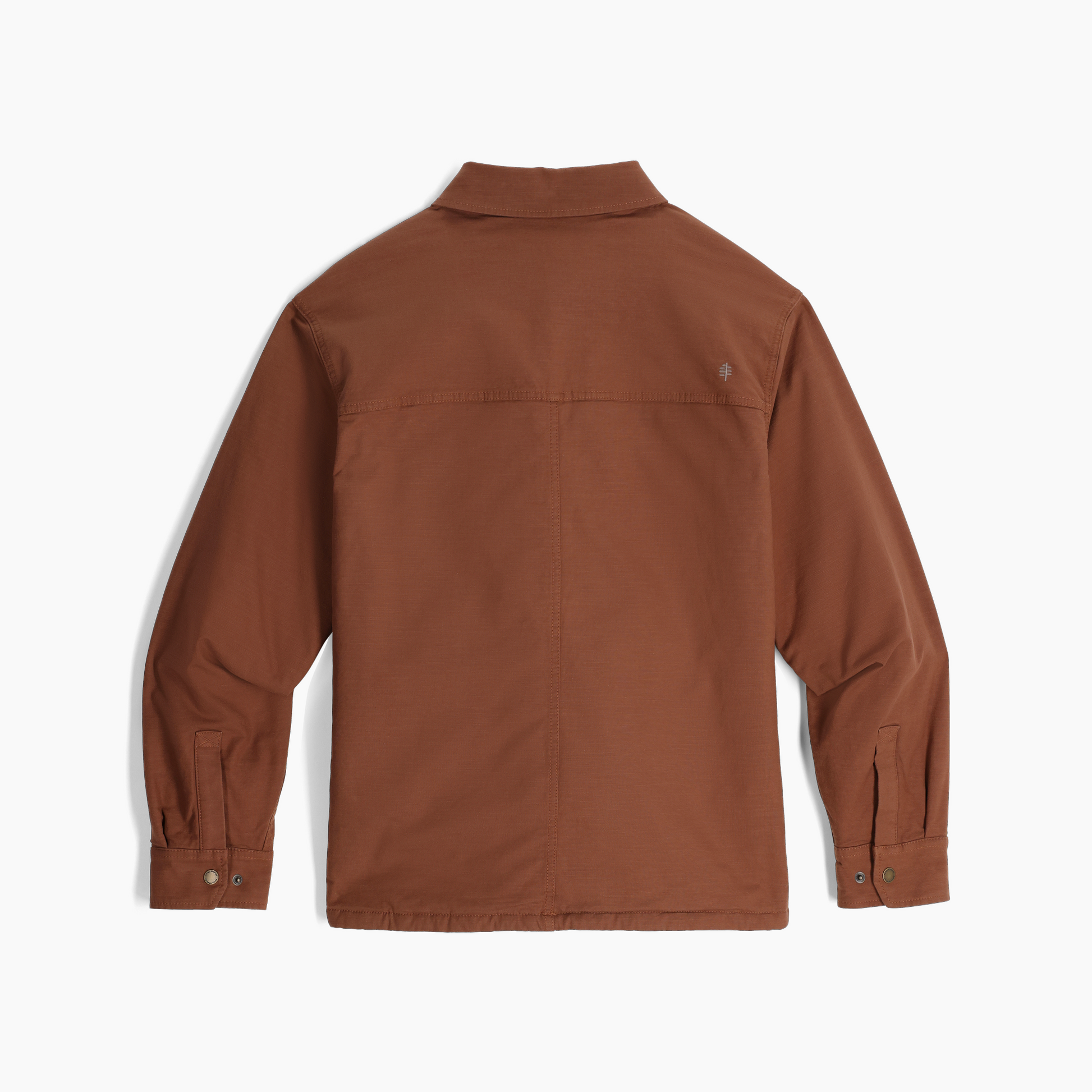 Royal Robbins Men's El Cap Canvas Shacket in brown, long sleeves, shown from the back on white background.