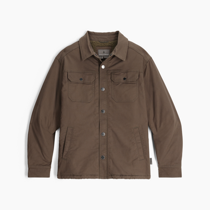 Royal Robbins Men's El Cap Canvas Shacket in brown, with chest and side pockets, shown laid flat.