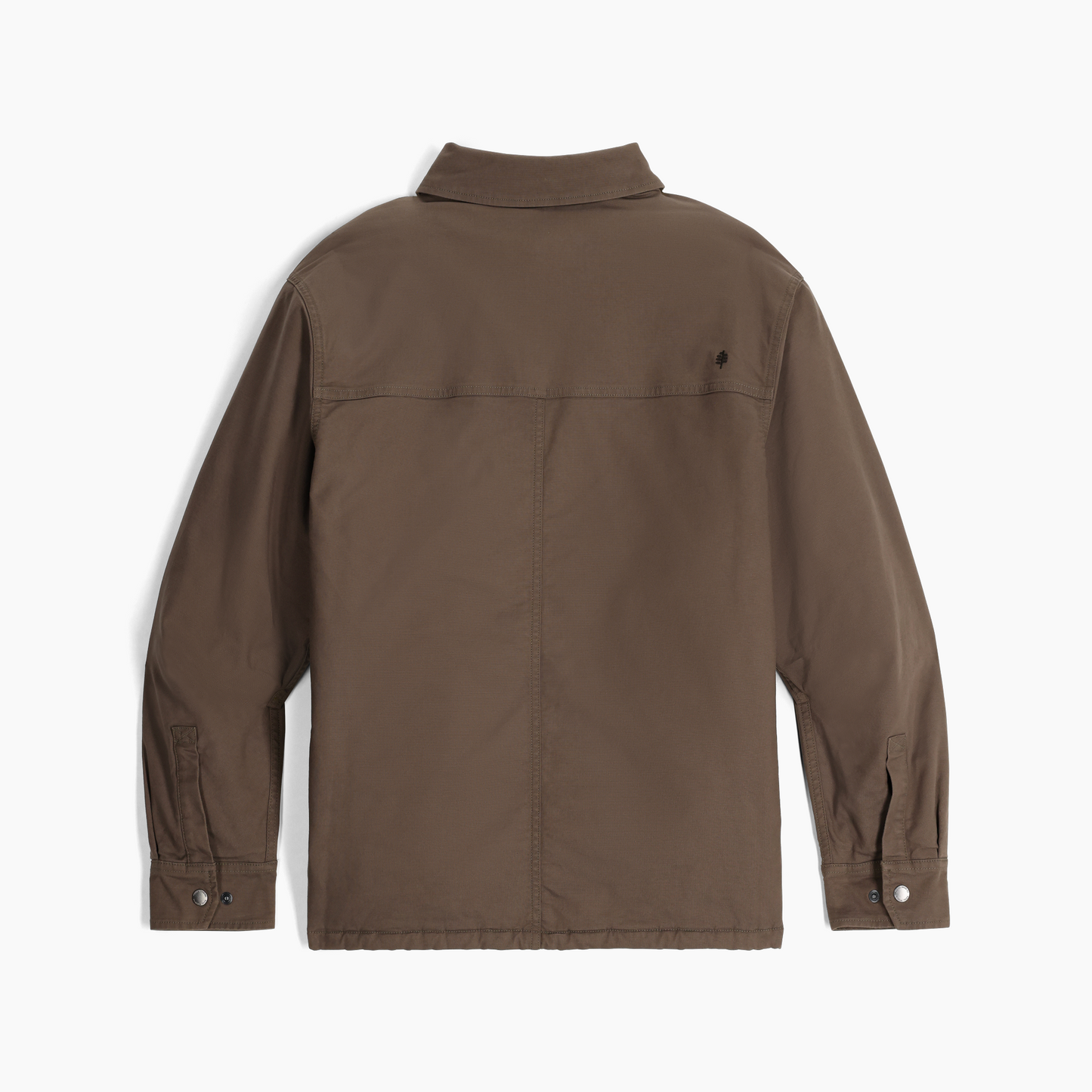 Royal Robbins Men's El Cap Canvas Shacket in brown, back view with buttoned cuffs and straight hem.