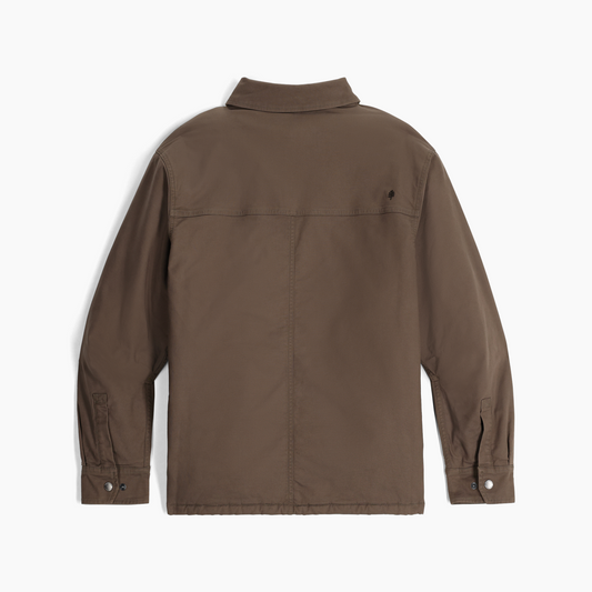 Product Image – Royal Robbins Men's El Cap Canvas Shacket in brown, back view with buttoned cuffs and straight hem.