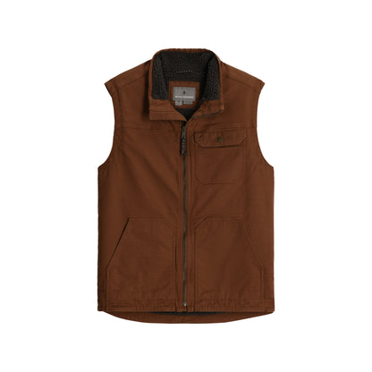 Royal Robbins Men’s El Cap Canvas Vest, brown, sleeveless, zip-up with chest/lower pockets, shown flat.