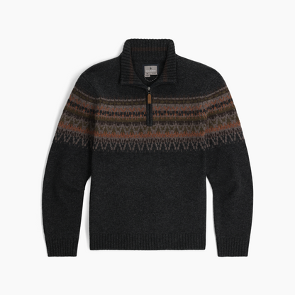 Royal Robbins Men’s Arch Rock 1/4 Zip: Dark gray, 1/4 zip, multicolor pattern on chest and sleeves.