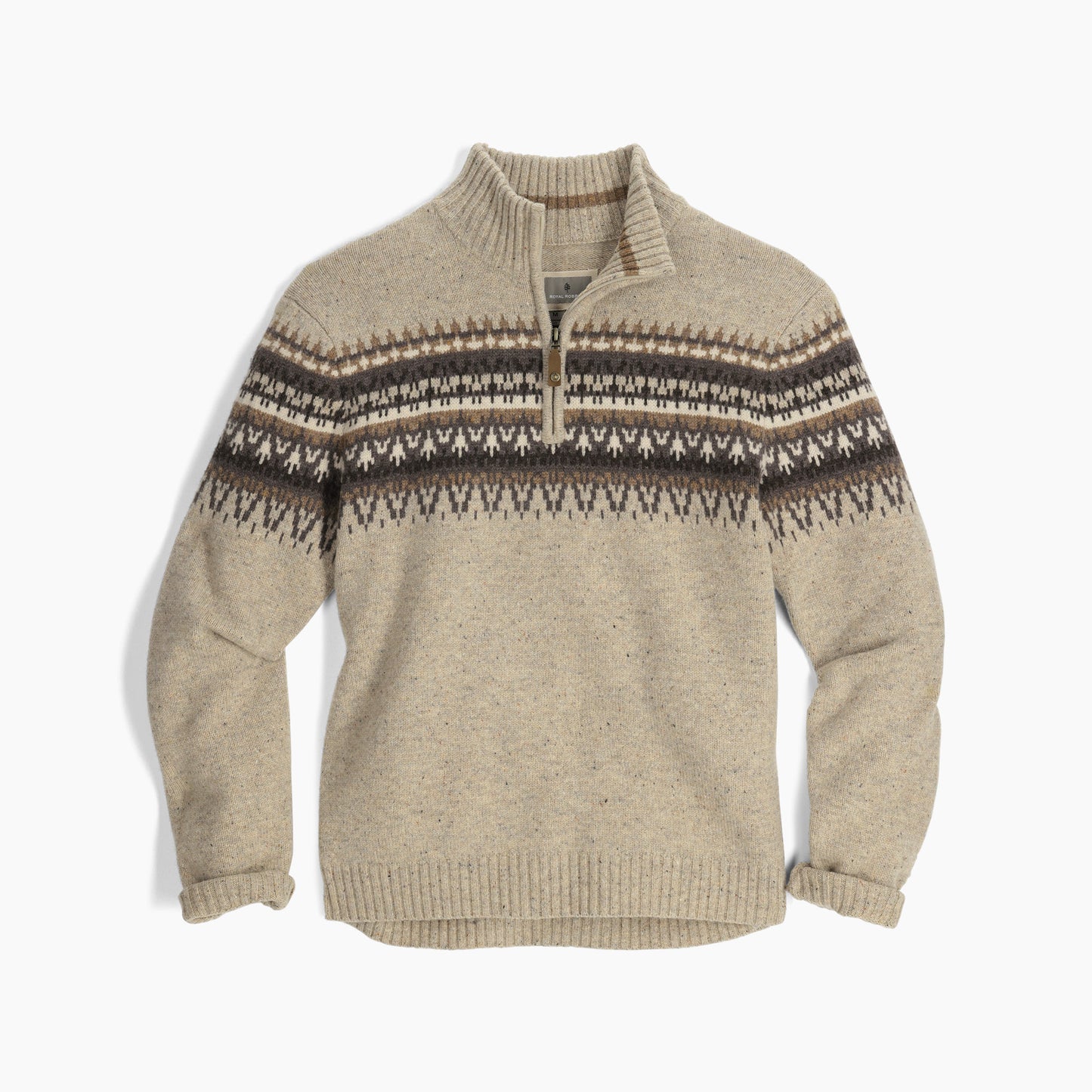 Royal Robbins Men's Arch Rock 1/4 Zip offers natural temperature regulation with a brown geometric pattern.