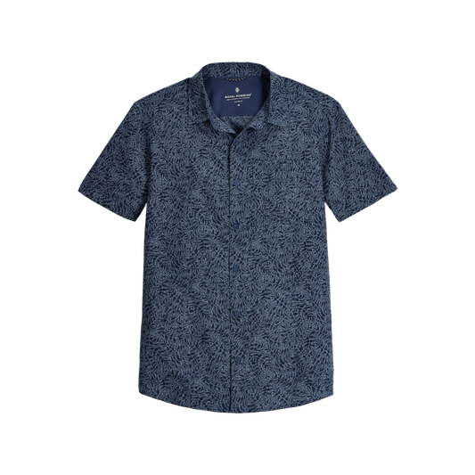 Product Image – Royal Robbins Men's Amp Lite II Short Sleeve in navy with leaf pattern, shown on white background.