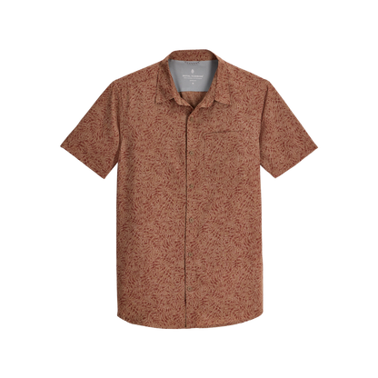 Royal Robbins Men's Amp Lite II Short Sleeve shirt in brown with an abstract pattern on white background.