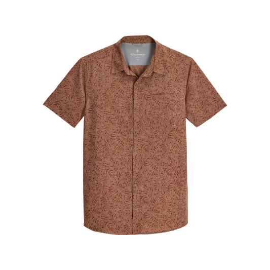 Product Image – Royal Robbins Men's Amp Lite II Short Sleeve shirt in brown with an abstract pattern on white background.