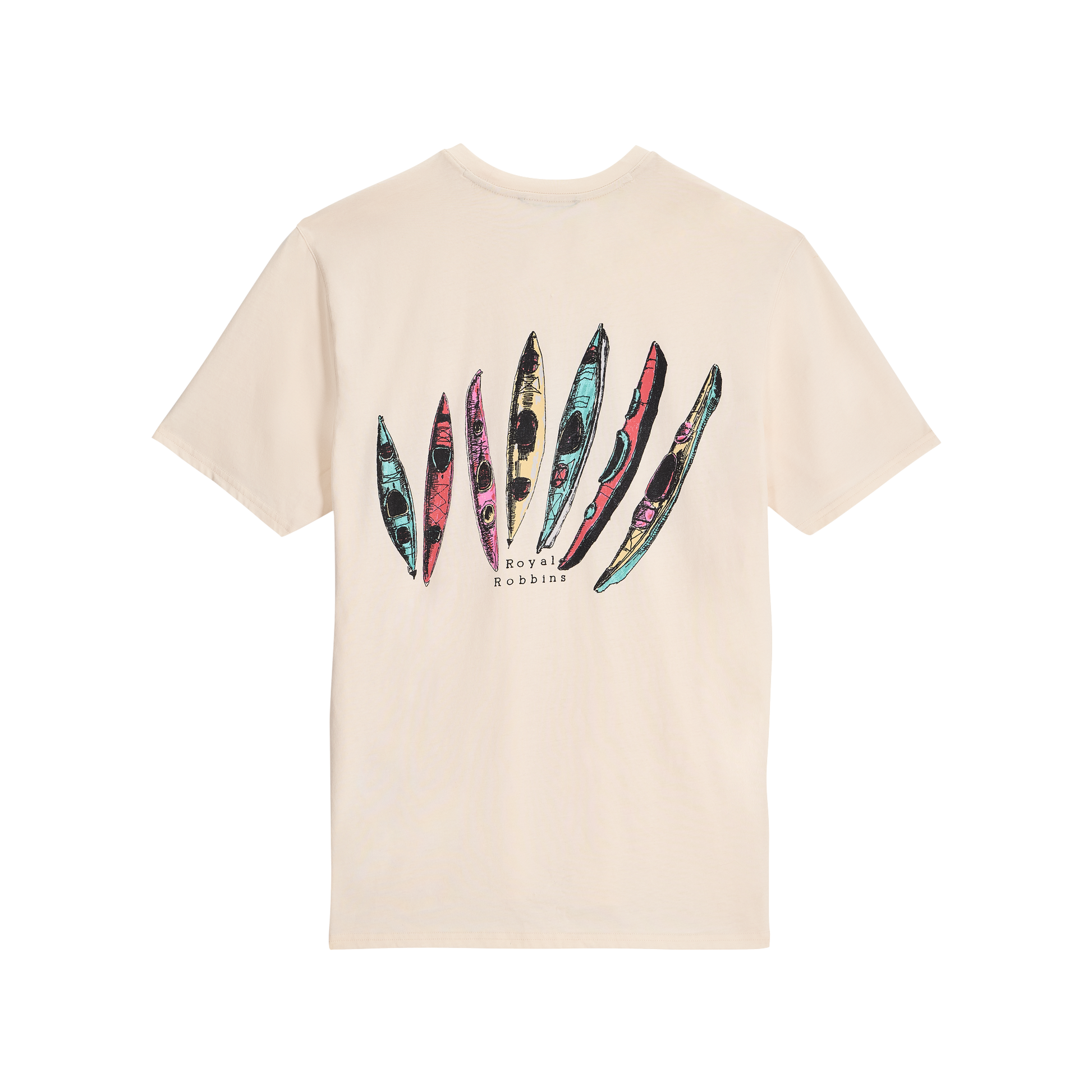 Royal Robbins Men's RR Graphic Tee in beige with surfboard graphics, made from soft organic cotton.