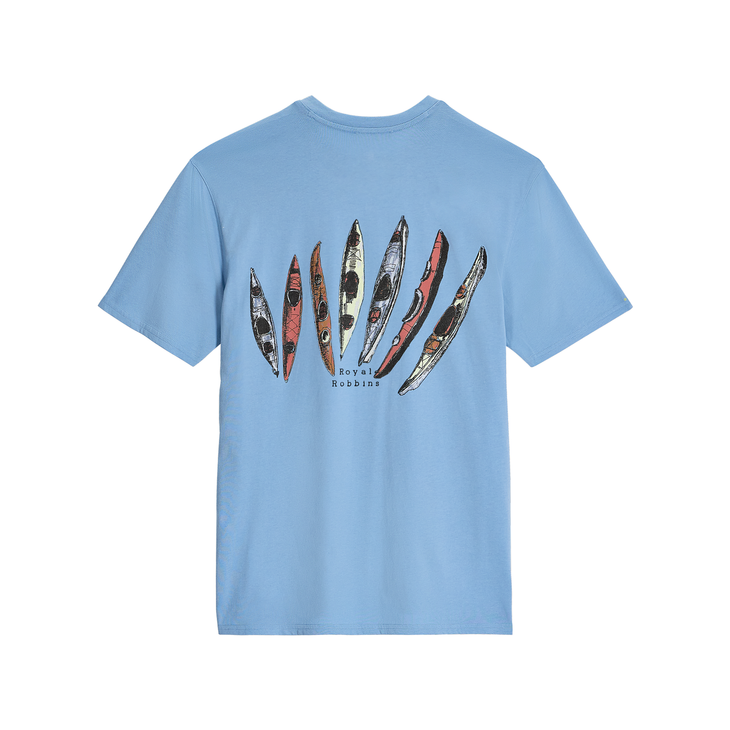 Royal Robbins Men's RR Graphic Tee in light blue with vibrant canoe graphics and logo on back.
