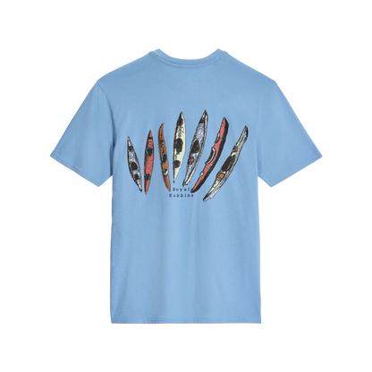 Royal Robbins Men's RR Graphic Tee in light blue with vibrant canoe graphics and logo on back.