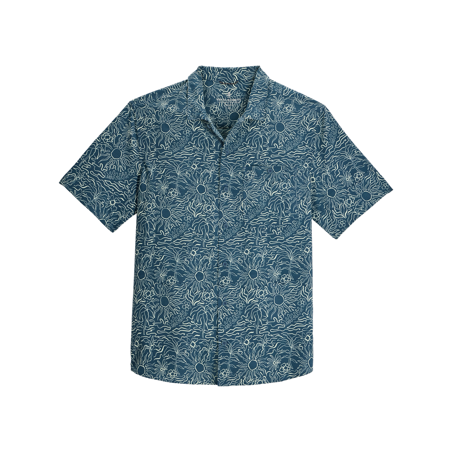 Royal Robbins Men's Salathe Sun Shirt SS, UPF40+, blue sunburst print, laid flat on white.
