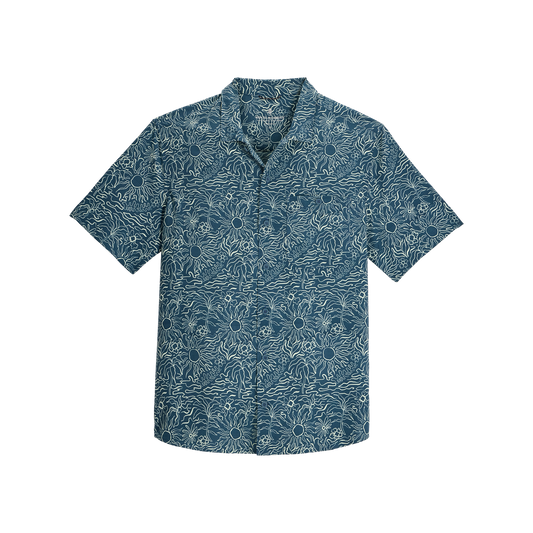 Product Image – Royal Robbins Men's Salathe Sun Shirt SS, UPF40+, blue sunburst print, laid flat on white.