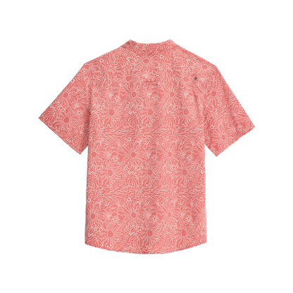 Royal Robbins Men's Salathe Sun Shirt SS offers breathable UPF40+ sun protection and a pink-white sunburst pattern.