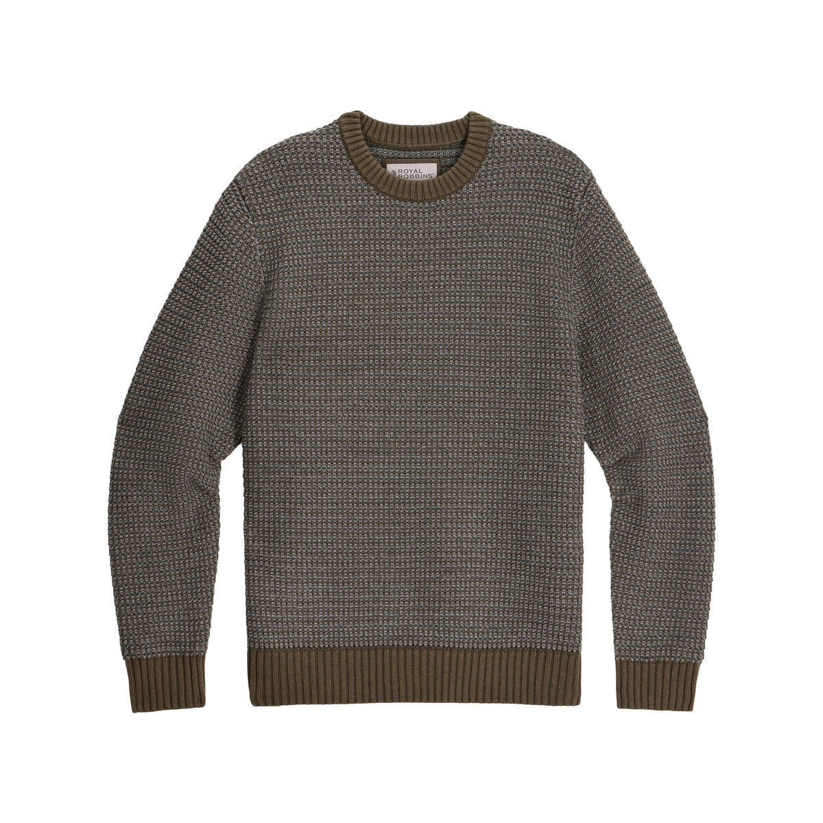 Royal Robbins Men’s Moro Rock Crew sweater in gray Merino wool, ribbed details, shown flat on white background.