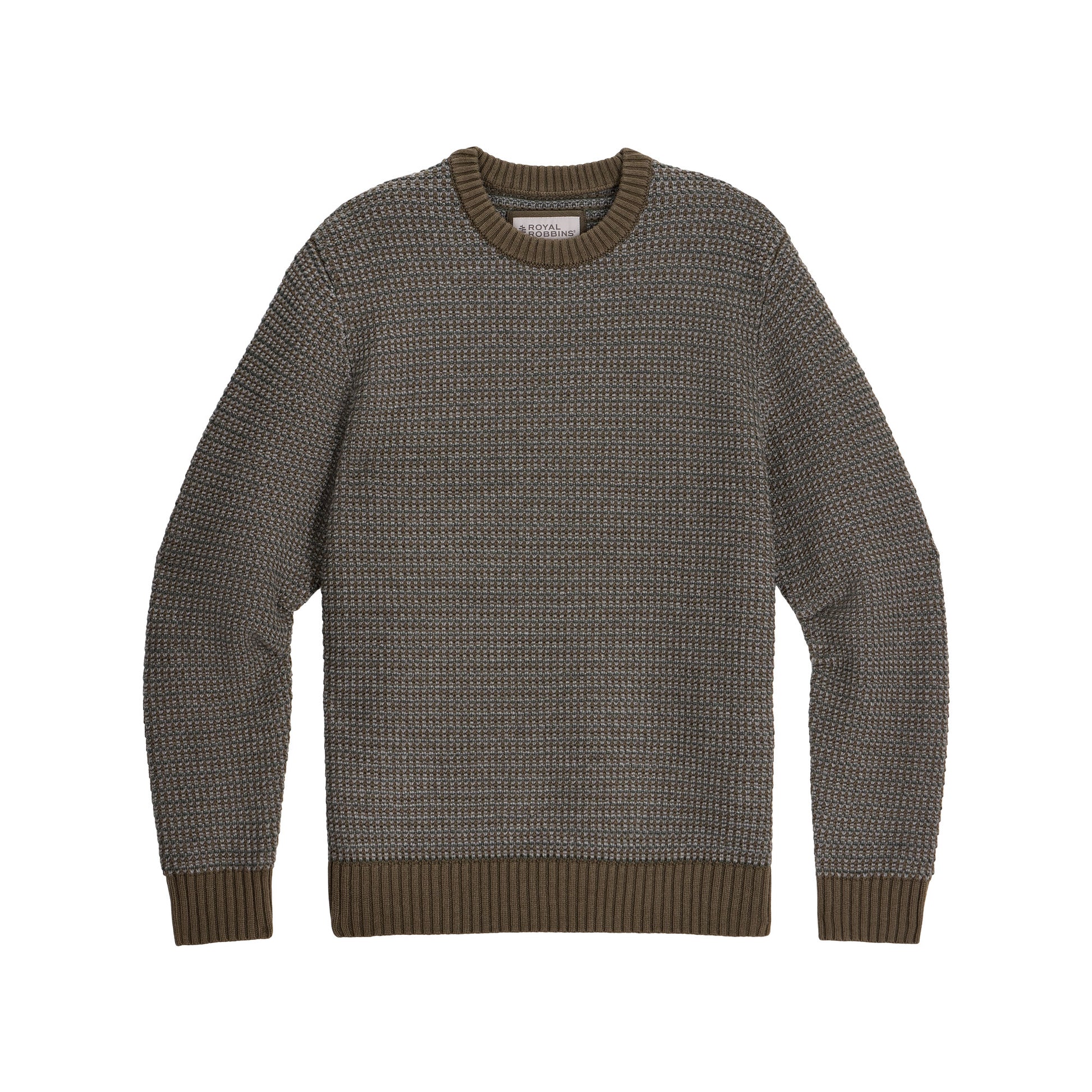 Royal Robbins Men’s Moro Rock Crew sweater in gray Merino wool, ribbed details, shown flat on white background.