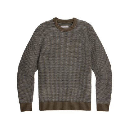 Royal Robbins Men’s Moro Rock Crew sweater in gray Merino wool, ribbed details, shown flat on white background.