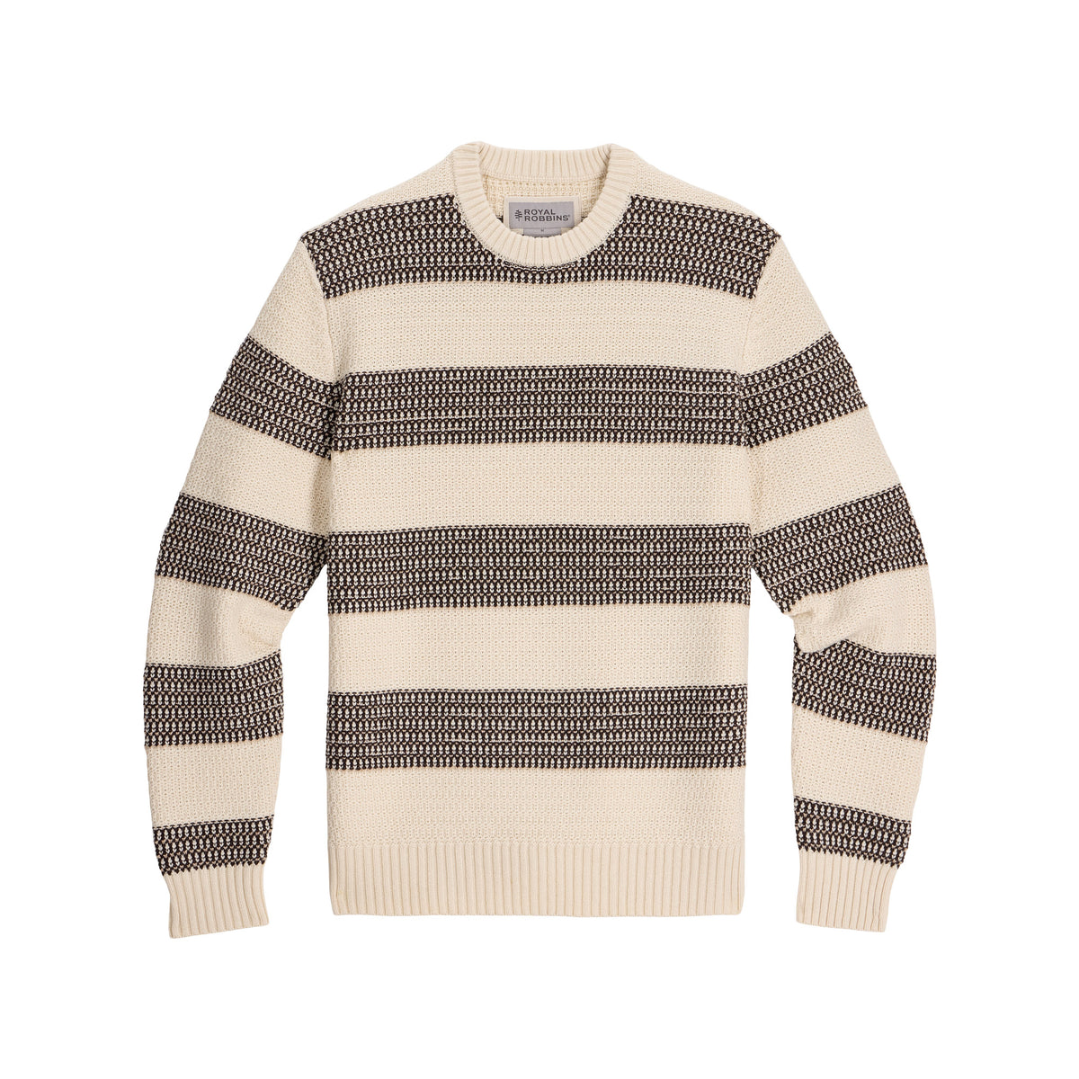 Royal Robbins Moro Rock Crew: Cream midweight sweater with dark stripes, natural fiber, shown flat on white.