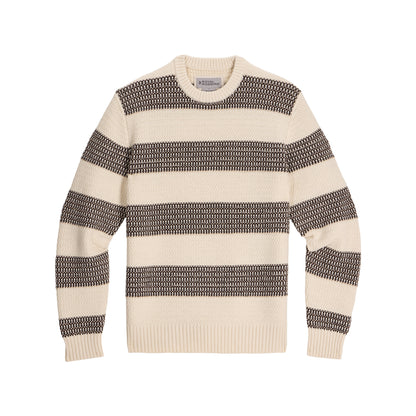 Royal Robbins Moro Rock Crew: Cream midweight sweater with dark stripes, natural fiber, shown flat on white.