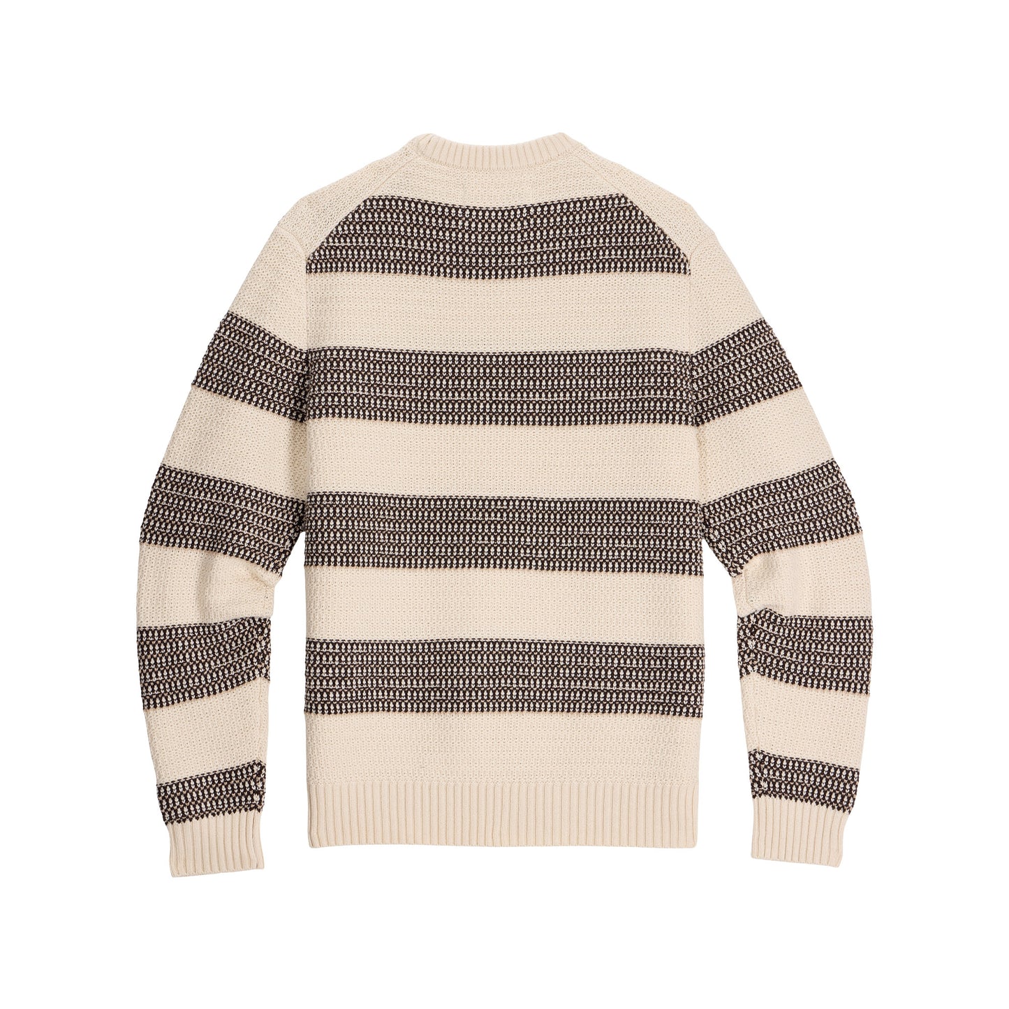 Royal Robbins Men’s Moro Rock Crew sweater in cream with brown and black stripes, flat on white background.