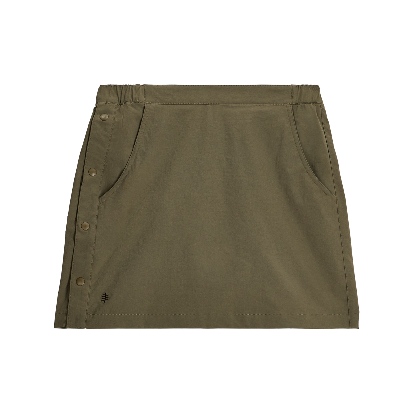 Royal Robbins Women's Wilder Skort in olive with built-in shorts, side buttons, and front pockets.