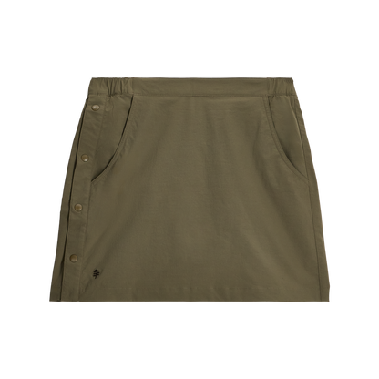 Royal Robbins Women's Wilder Skort in olive with built-in shorts, side buttons, and front pockets.