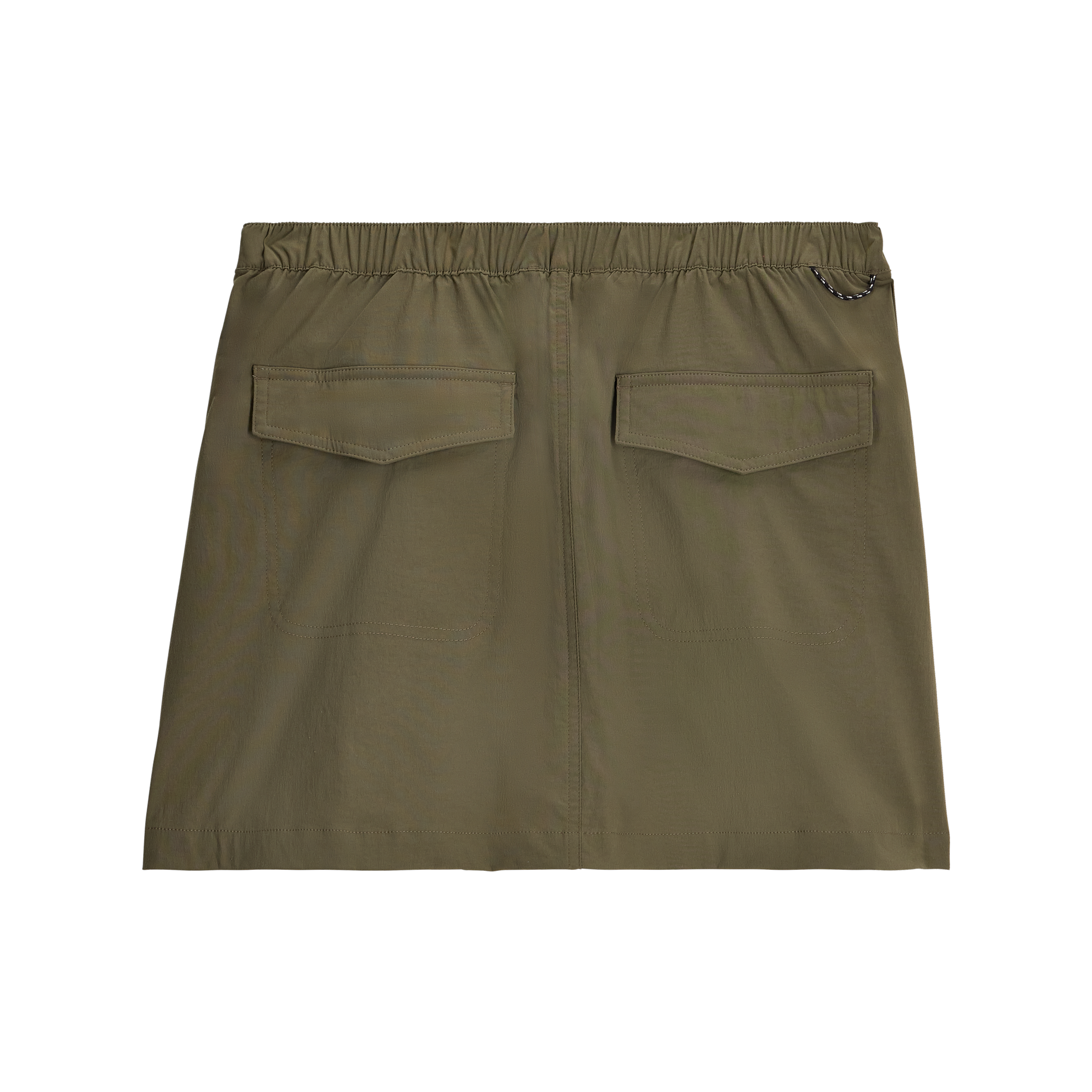 Royal Robbins Women's Wilder Skort in olive green—stretch recycled nylon, elastic waist, back flap pockets, metal ring.