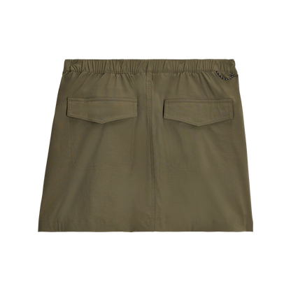 Royal Robbins Women's Wilder Skort in olive green—stretch recycled nylon, elastic waist, back flap pockets, metal ring.