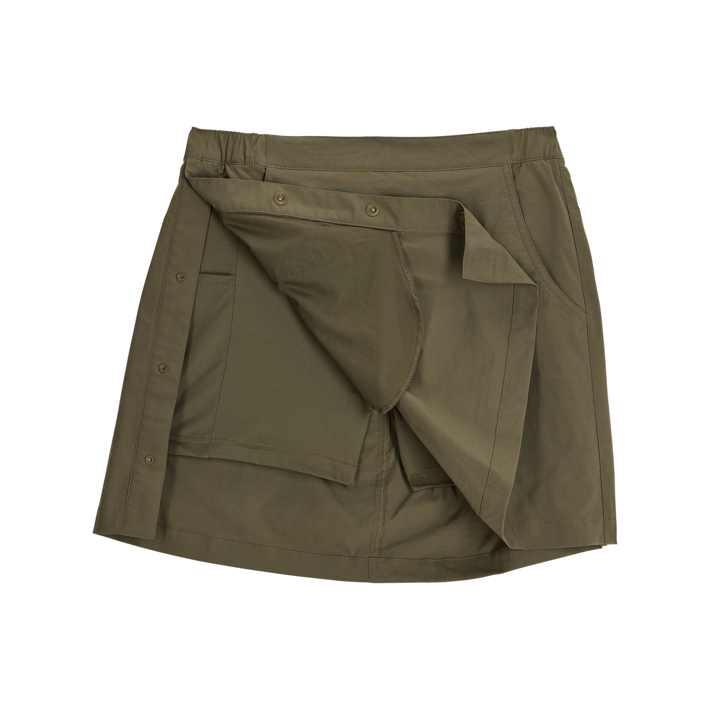 Royal Robbins Women's Wilder Skort—olive green with snap buttons, built-in bike shorts, and pocket.