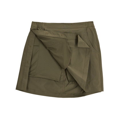 Royal Robbins Women's Wilder Skort—olive green with snap buttons, built-in bike shorts, and pocket.