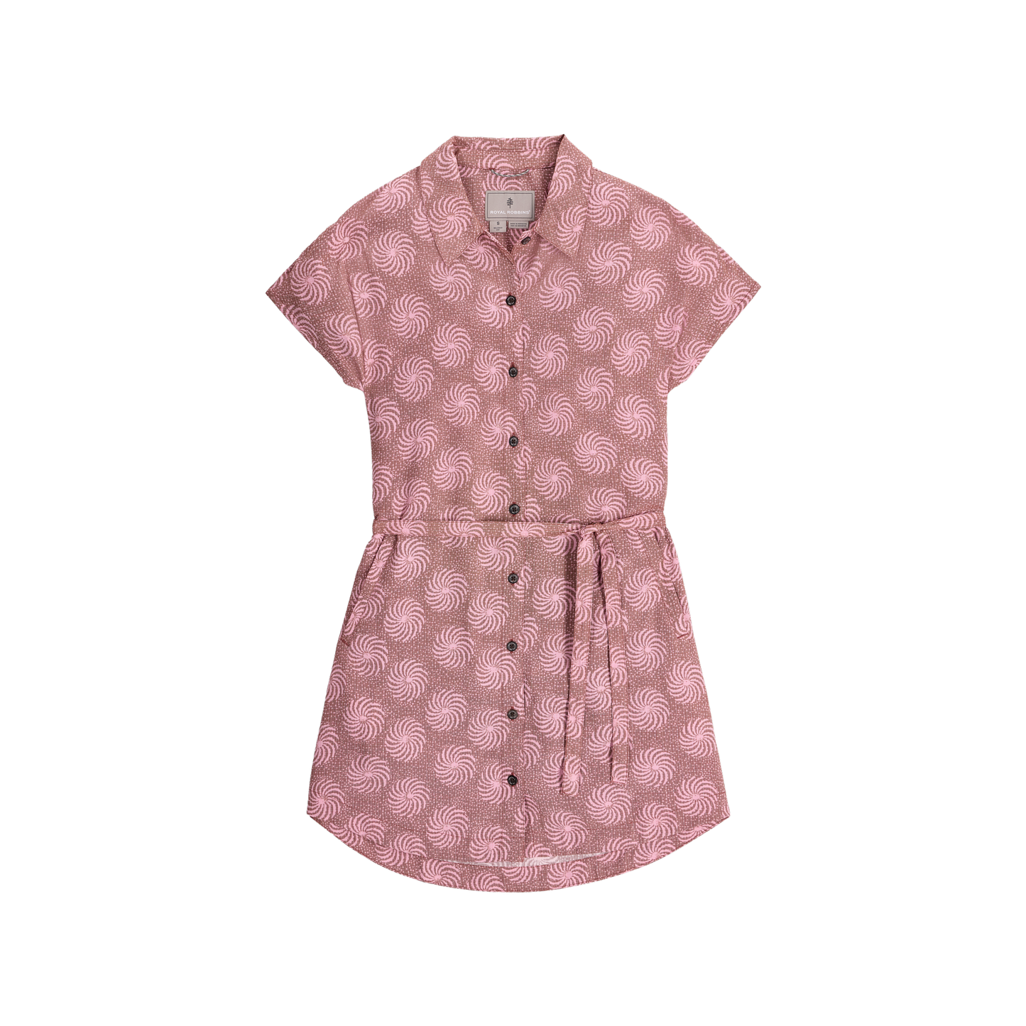 Royal Robbins Women's Camino Pucker Dress in pink with white swirls, short sleeves, and matching belt.
