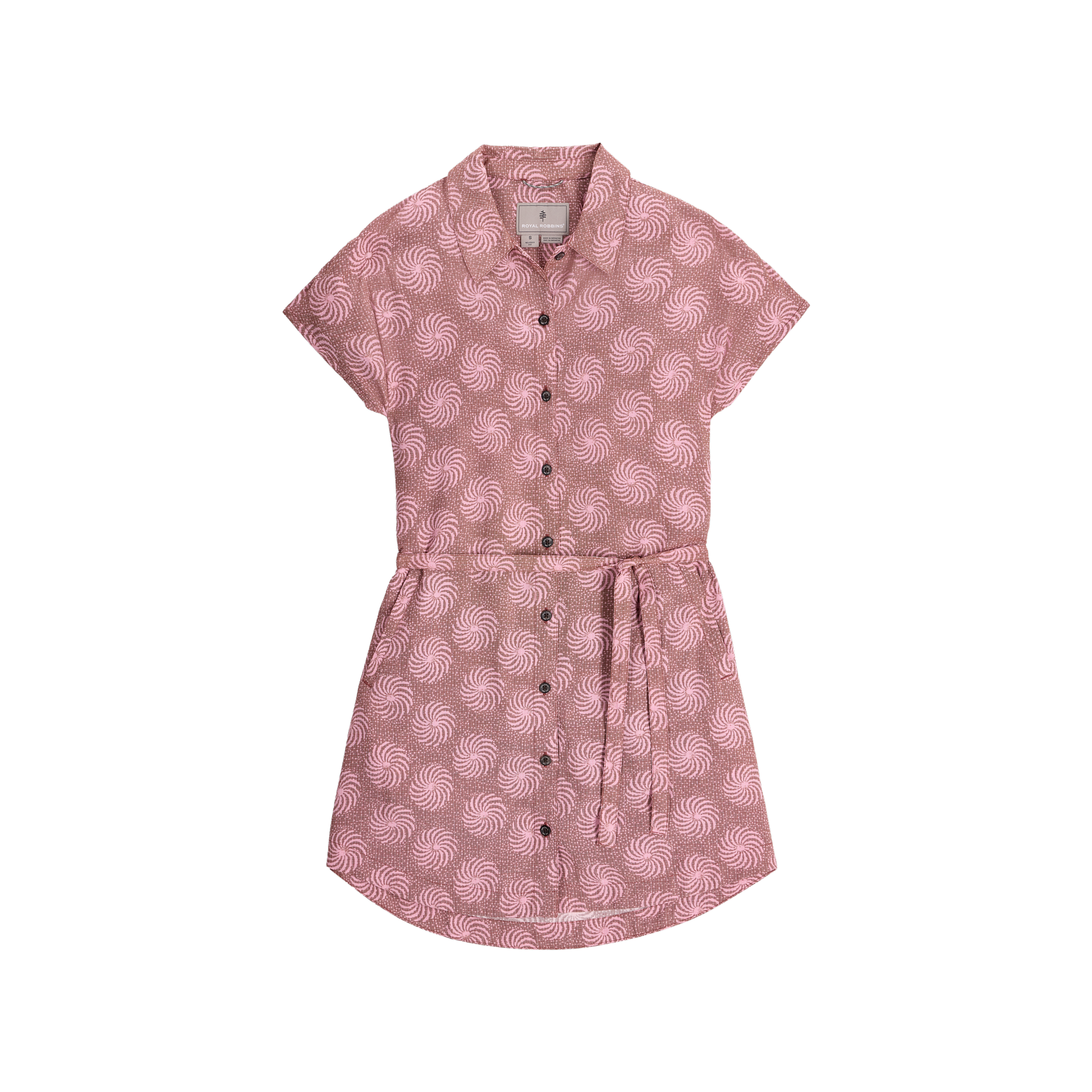 Royal Robbins Women's Camino Pucker Dress in pink with white swirls, short sleeves, and matching belt.