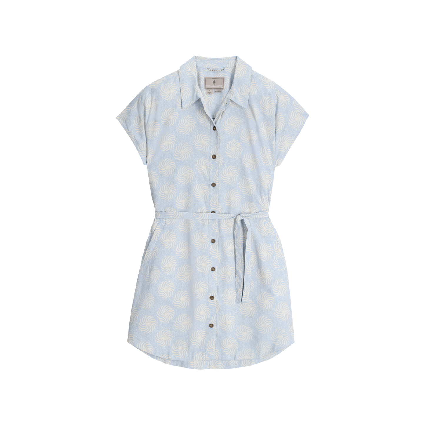 Royal Robbins Women's Camino Pucker Dress: light blue, short sleeves, white swirls, matching belt.