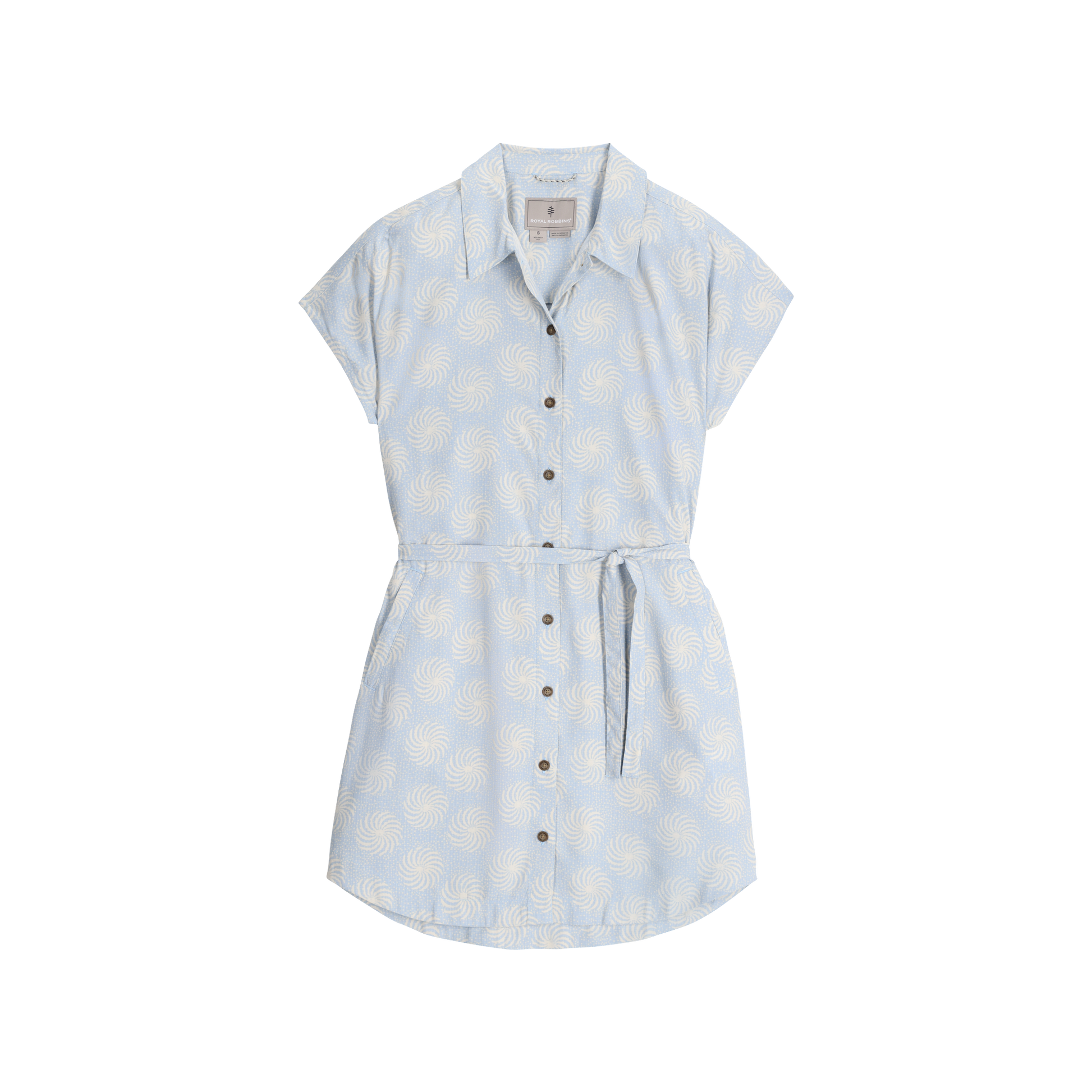 Royal Robbins Women's Camino Pucker Dress: light blue, short sleeves, white swirls, matching belt.