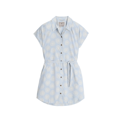 Royal Robbins Women's Camino Pucker Dress: light blue, short sleeves, white swirls, matching belt.