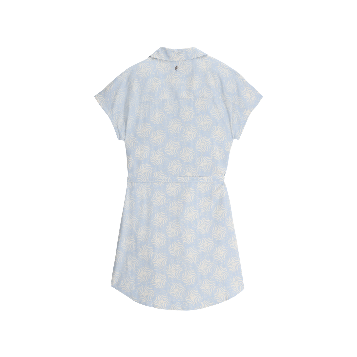 Royal Robbins Women's Camino Pucker Dress in light blue with white swirls, shown flat from the back.
