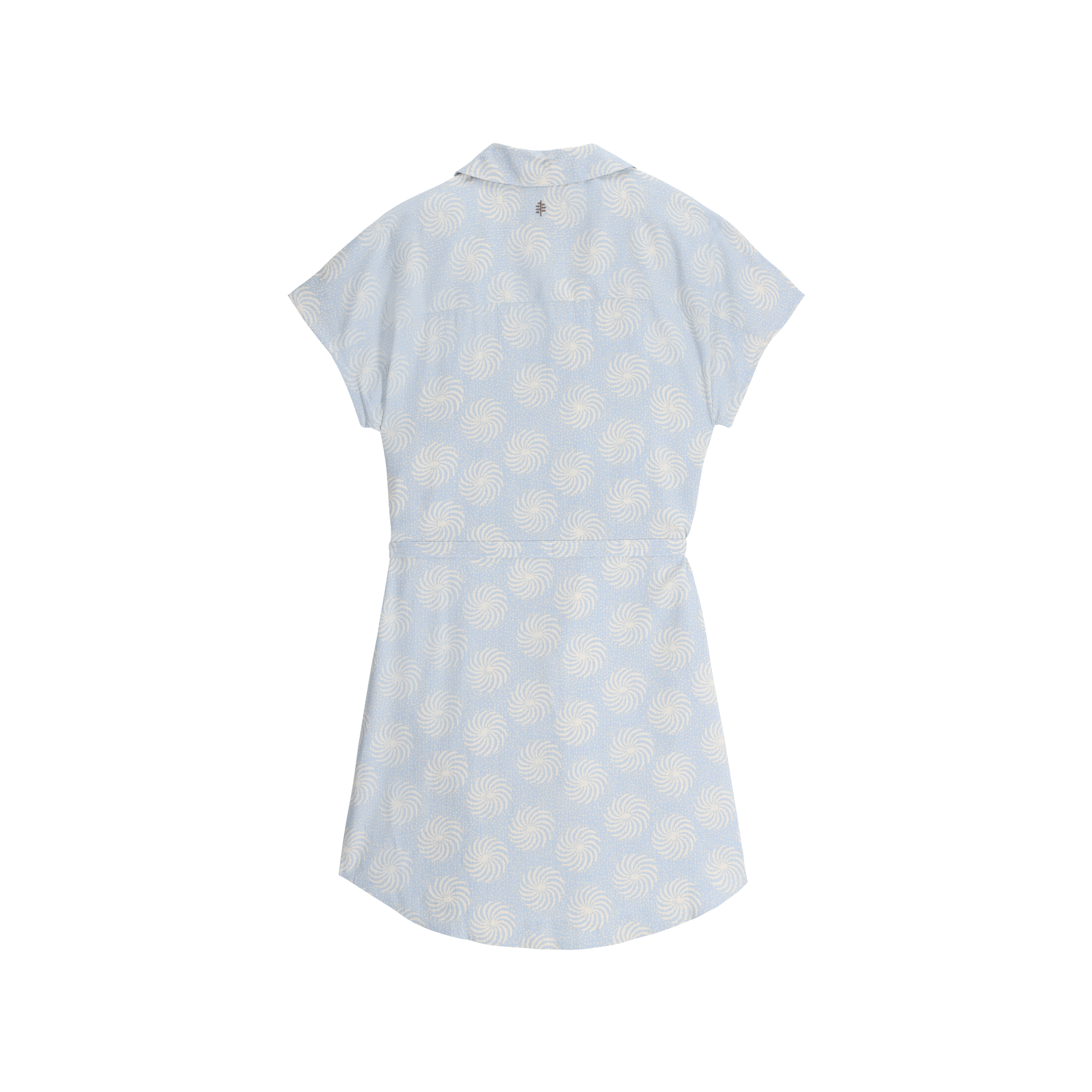 Royal Robbins Women's Camino Pucker Dress in light blue with white swirls, shown flat from the back.