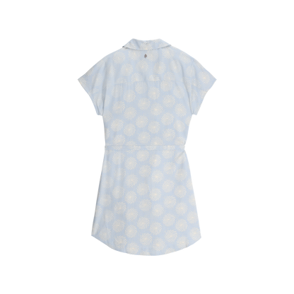 Royal Robbins Women's Camino Pucker Dress in light blue with white swirls, shown flat from the back.