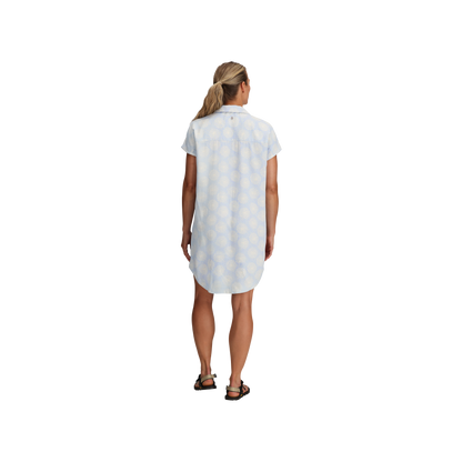 Woman in Royal Robbins Women's Camino Pucker Dress and sandals, seen from behind.