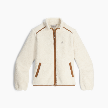 Royal Robbins Women's Palisades Jacket in white sherpa fleece with brown trim and two pockets, laid flat.