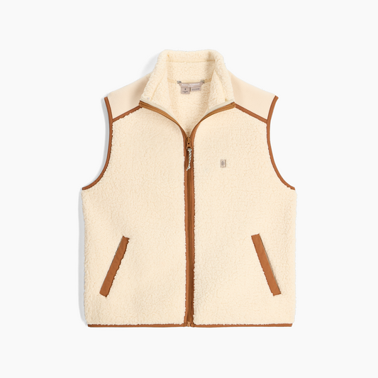 Product Image – Royal Robbins Women's Palisades Vest: cream sherpa with brown trim, full zip, and pockets, displayed flat.