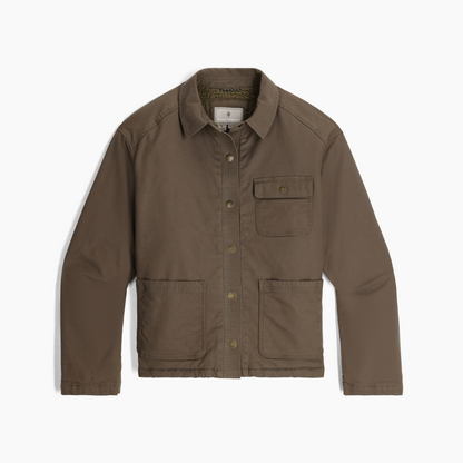 Royal Robbins Women's El Cap Canvas Shacket in brown, features collar and 3 pockets, shown on white background.