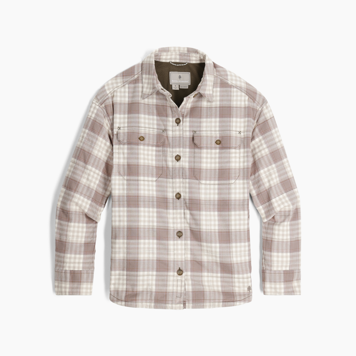 Royal Robbins Women's Vista Flannel Shacket in beige and white plaid with chest pockets, laid flat on white.