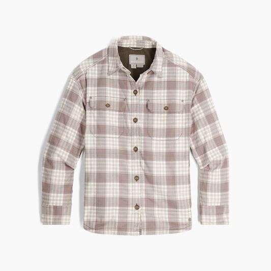 Product Image – Royal Robbins Women's Vista Flannel Shacket in beige and white plaid with chest pockets, laid flat on white.