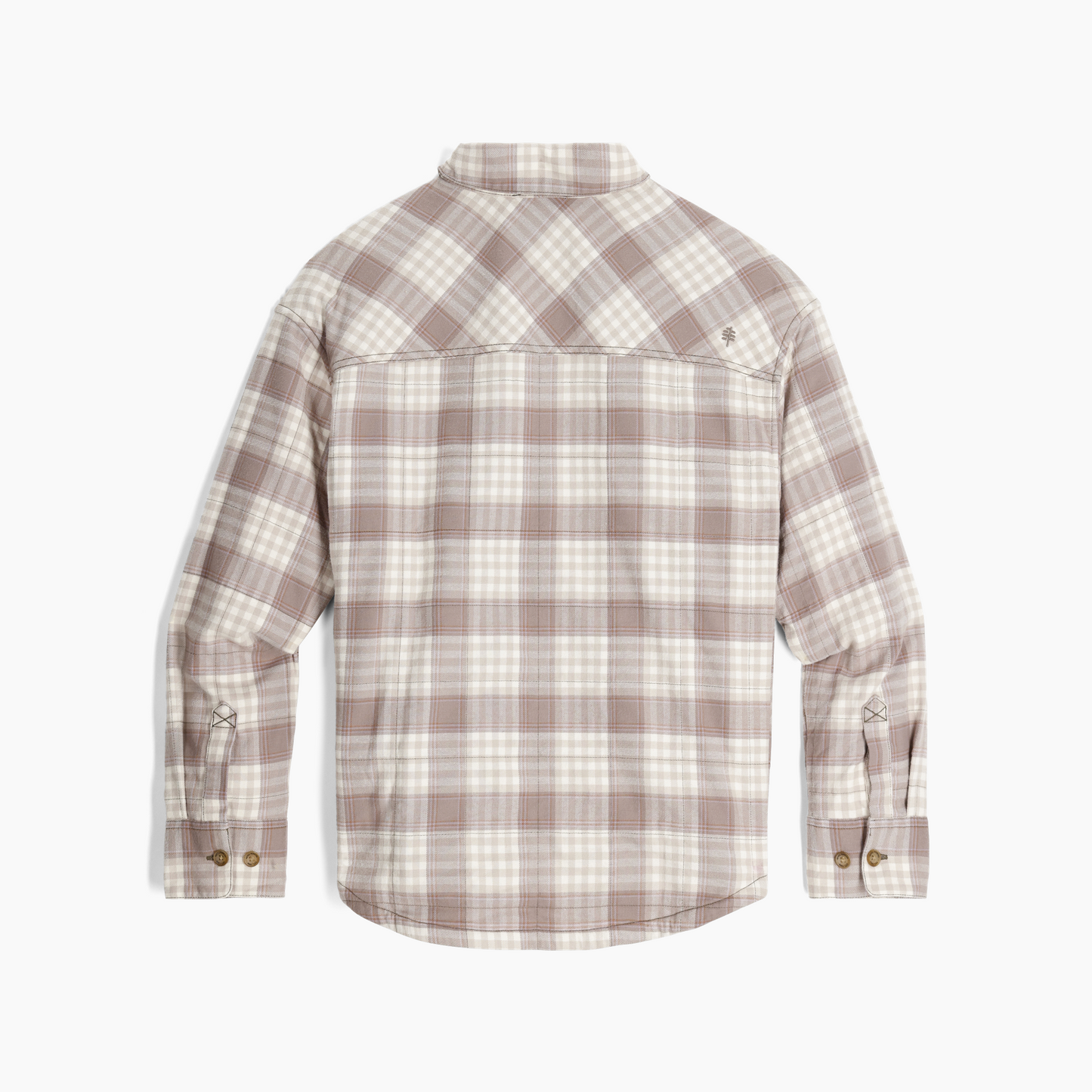 Back view of the Royal Robbins Women's Vista Flannel Shacket in beige and white plaid with buttoned cuffs.
